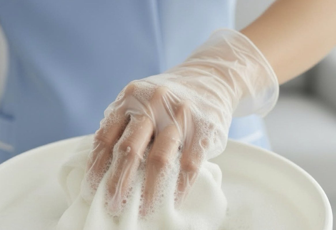 Pure Shine cleaner wearing gloves washing dishes in soap suds